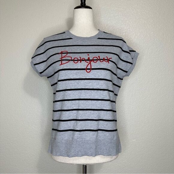 Summer & Sage “Bonjour” Gray Black Striped Ribbed Knit  Sweater Vest, Sz Medium - Picture 1 of 12